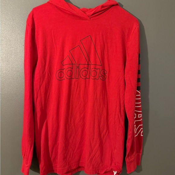 Adidas Hoodie Youth Size 10/12 Long Sleeve Red Hood Pockets Pullover - Picture 1 of 5